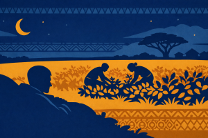 Bicolor indigo-and-ochre illustration of a peanut field at night with a watcher and two figures, symbolizing vigilance in Ògbè Ìwòrì.