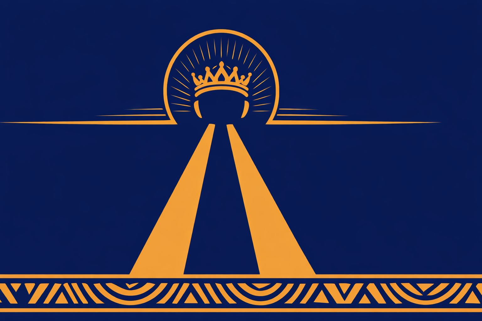 Bicolor indigo-and-ochre graphic showing two parallel light lines like the Ogbe Meji sign forming an open road toward a crowned Orí symbol, inspired by Ifá motifs.