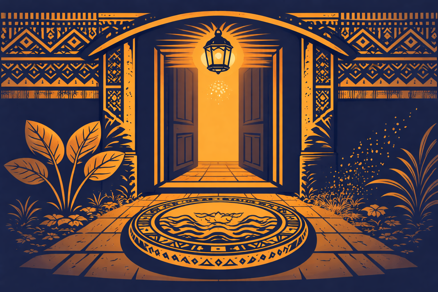 Indigo-and-ochre illustration of a doorway with an òpón Ifá foundation stone, a glowing lamp above, and farm motifs symbolizing Ogbè Òwónrín.
