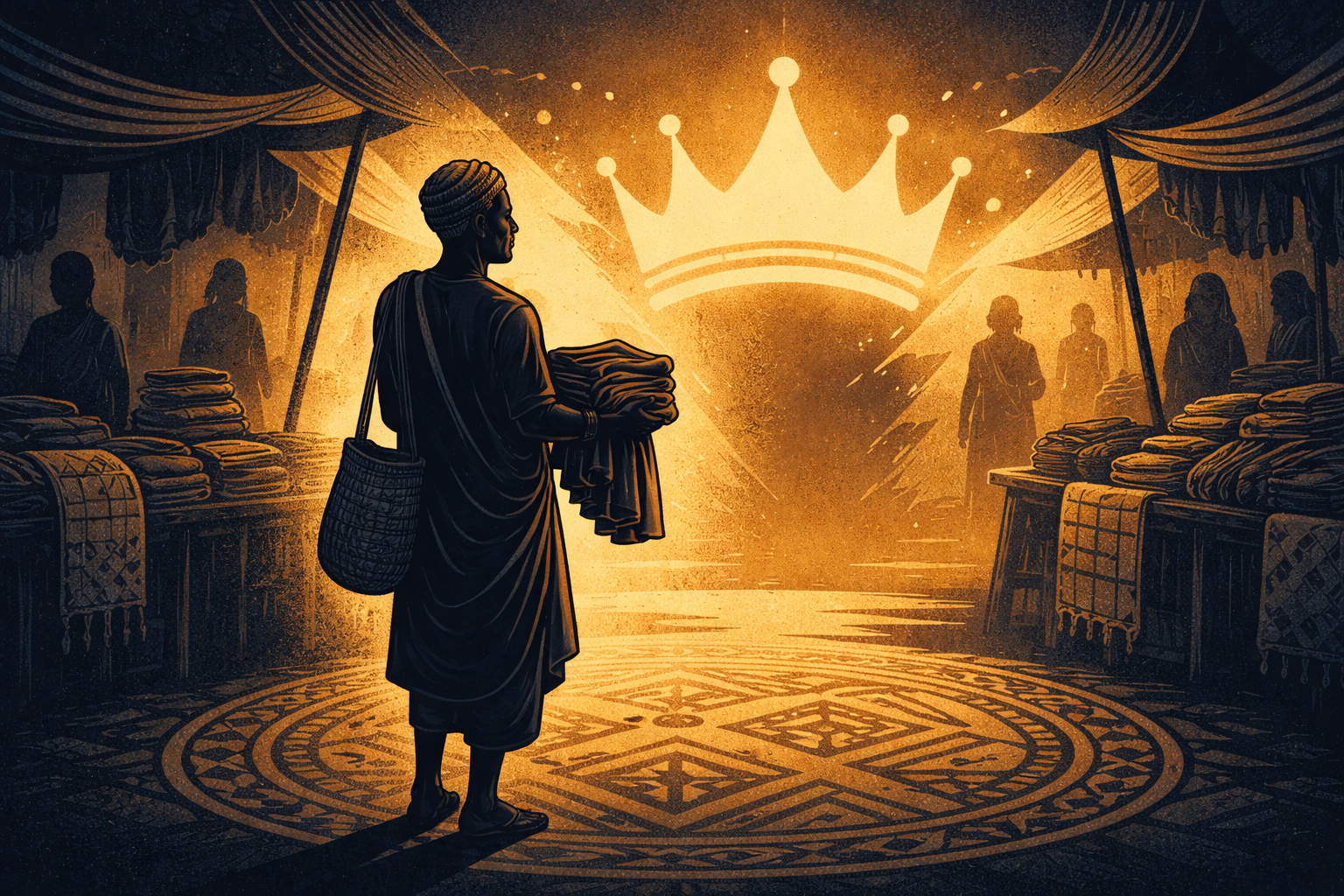 Bicolor indigo and ochre illustration of a cloth seller in a market with a crown emerging from shadow and an abstract Ifá divination tray pattern on the ground.