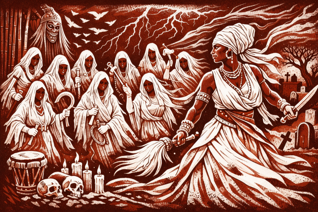 Bi-color 16:9 illustration of Ọya in white and deep red, standing in a cemetery with sword and flywhisk, surrounded by nine white-clad ancestral figures, lightning, bamboo, candles, and gravestones.