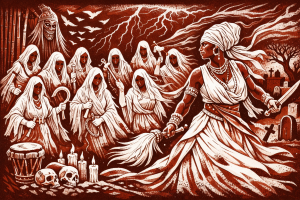 Bi-color 16:9 illustration of Ọya in white and deep red, standing in a cemetery with sword and flywhisk, surrounded by nine white-clad ancestral figures, lightning, bamboo, candles, and gravestones.