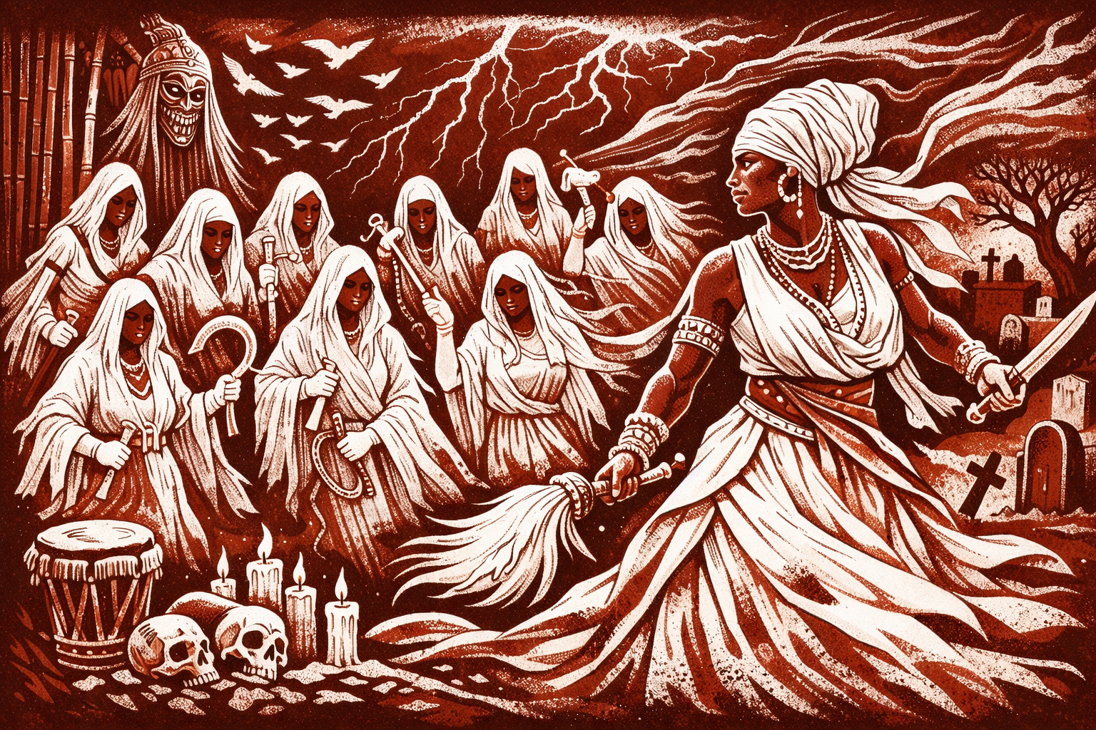 Bi-color 16:9 illustration of Ọya in white and deep red, standing in a cemetery with sword and flywhisk, surrounded by nine white-clad ancestral figures, lightning, bamboo, candles, and gravestones.