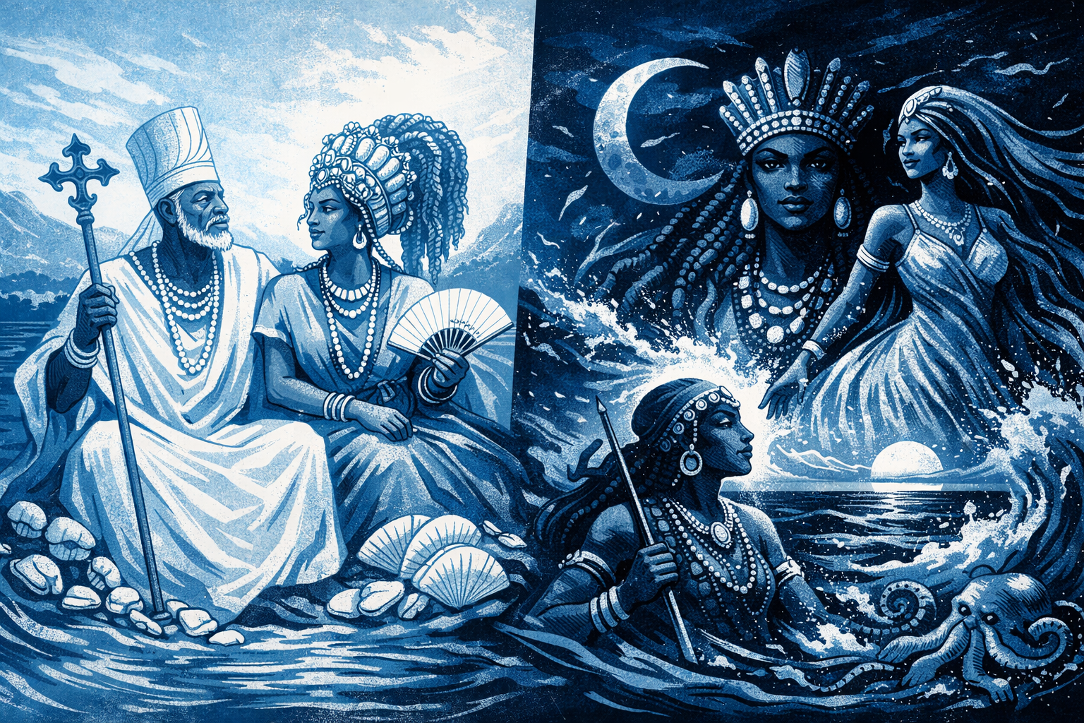 Bi-color 16:9 illustration in blue and white showing Yemòwó beside Ọbàtálá, with Olókun and Yemọja in an oceanic sacred scene of water, shells, and moonlight.