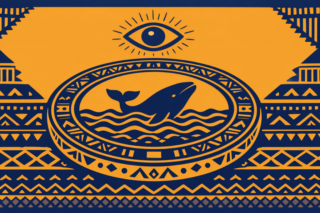 Bicolor indigo-and-ochre illustration of an òpón Ifá with a whale and an eye symbol, representing Ogbè Ìrosùn and truth returning.