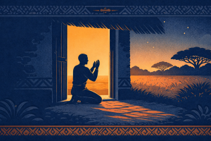 Bicolor indigo-and-ochre illustration of a kneeling figure at dawn outside a house with a subtle arrow motif, symbolizing Ògbè Òdí’s quiet discipline and vigilance.
