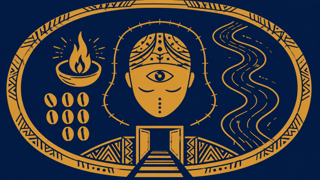 Bicolor illustration of Ìwòrì Méjì with a divination tray, protected head, eye, flame, river, and threshold symbols.