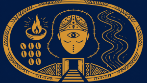 Bicolor illustration of Ìwòrì Méjì with a divination tray, protected head, eye, flame, river, and threshold symbols.